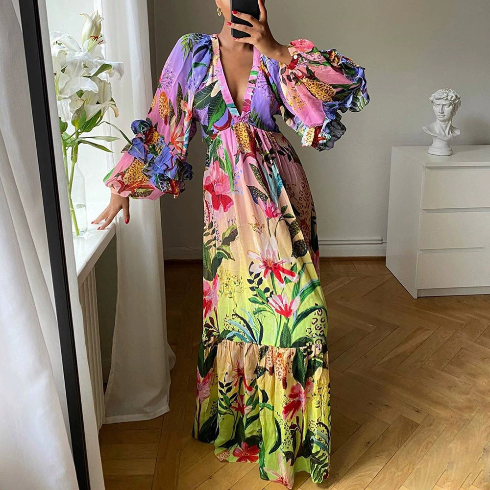 ZARA Summer New Ombre Print Ruffle Collar Sexy Slimming Dress